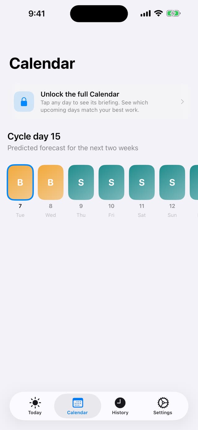 Phase's forecast calendar on iPhone with a horizontal strip of color-coded predicted days