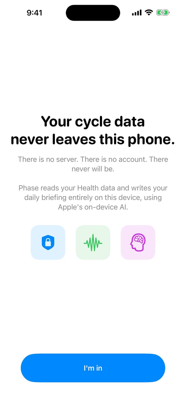 Phase's Privacy Promise onboarding step on iPhone, showing lock, waveform, and brain icons above the promise text