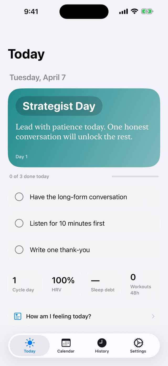 Phase's Today screen on iPhone showing a Strategist Day briefing with three checkable actions and HRV, cycle, and sleep stats