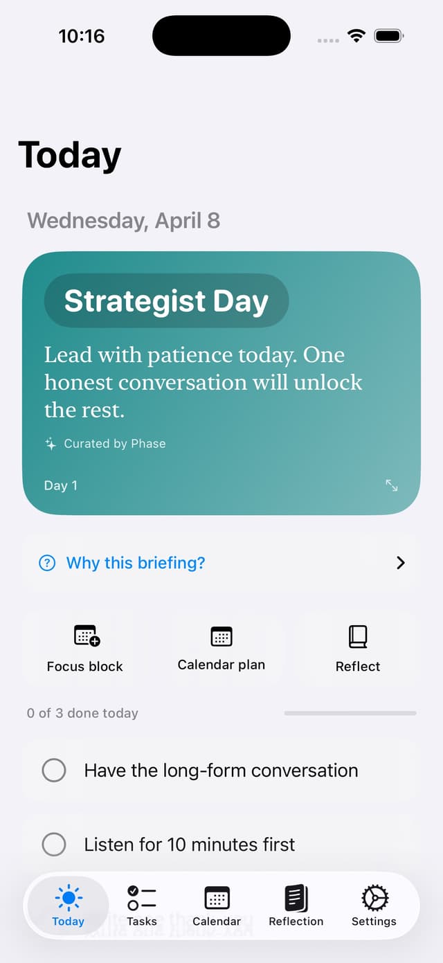 Phase's Today screen on iPhone showing a Strategist Day briefing with three checkable actions and HRV, cycle, and sleep stats